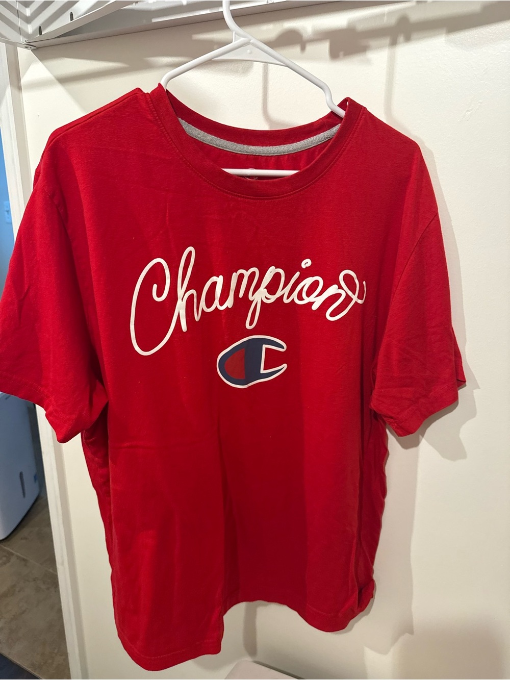 Champion Red Short Sleeve Tee with White Script and Navy Logo